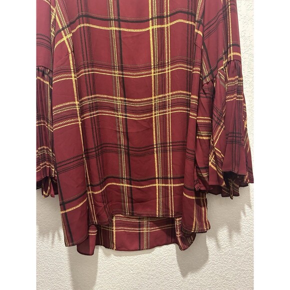 Susan Graver Blouse Top Size 22W Red Black Plaid Long Flutter Sleeves Business - Picture 4 of 7